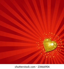 Gold mosaic heart with gold stars on a vibrant red star burst background