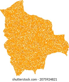 Gold mosaic Map of Bolivia. Gold composition for map of Bolivia. Vector mosaic of yellow detritus fractions. Mosaic map of Bolivia is designed with gold fractions. Yellow color tints are used.