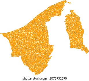 Gold mosaic Map of Brunei. Gold composition for map of Brunei. Vector mosaic of yellow shard items. Mosaic map of Brunei is designed with gold items. Yellow color shades are used.