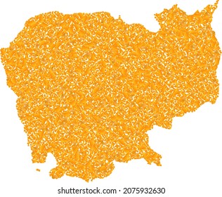 Gold mosaic Map of Cambodia. Gold composition for map of Cambodia. Vector mosaic of yellow spall items. Mosaic map of Cambodia is constructed with gold items. Yellow color tones are used.