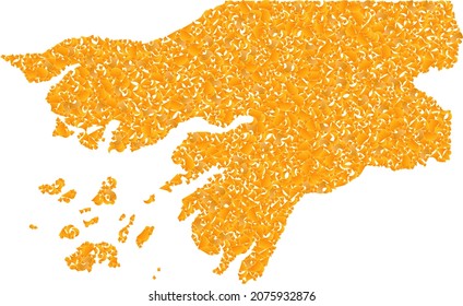 Gold mosaic Map of Guinea-Bissau. Gold combination for map of Guinea-Bissau. Vector mosaic of yellow shard items. Mosaic map of Guinea-Bissau designed with yellow items. Yellow color tints are used.