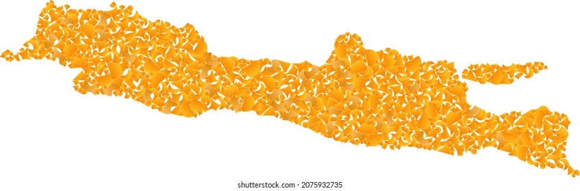 Gold mosaic Map of Java Island. Gold composition for map of Java Island. Vector mosaic of yellow shatter fragments. Mosaic map of Java Island constructed with yellow fragments.