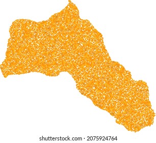 Gold mosaic Map of Kurdistan. Gold collage for map of Kurdistan. Vector mosaic of yellow shatter items. Mosaic map of Kurdistan constructed with yellow part. Yellow color shades are used.