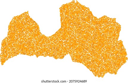 Gold mosaic Map of Latvia. Gold collage for map of Latvia. Vector collage of yellow detritus items. Mosaic map of Latvia designed with gold items. Yellow color tinges are used.