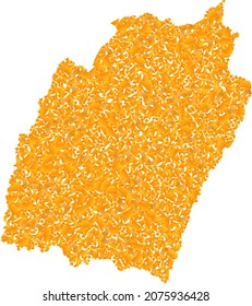Mapa de mosaicos de oro del estado de Manipur. Collage de oro para el mapa del estado de Manipur. Mosaico vectorial de elementos de detritus amarillos. Mapa mosaico del estado de Manipur construido con objetos de oro. Se utilizan tintes de color amarillo.