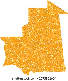 Gold mosaic Map of Mauritania. Gold collage for map of Mauritania. Vector collage of yellow detritus items. Mosaic map of Mauritania constructed with gold items. Yellow color tints are used.