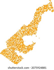 Mapa de mosaicos de oro de Mónaco. Collage de oro para el mapa de Mónaco. Collage vectorial de fracciones de detritus amarillos. El mapa mosaico de Mónaco está construido con fracciones de oro. Se utilizan las bisagras de color amarillo.