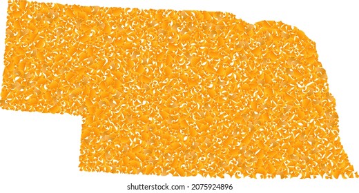 Mapa de mosaicos de oro del estado de Nebraska. Composición dorada para el mapa del estado de Nebraska. Mosaico vectorial de elementos de detritus amarillos. Mapa mosaico del estado de Nebraska construido con objetos de oro.