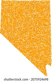 Goldene Mosaikkarte des Bundesstaates Nevada. Goldcollage für Karte des Bundesstaates Nevada. Vektormosaik aus gelben Schattenstücken. Die Mosaikkarte des Bundesstaates Nevada wurde mit gelbem Teil entworfen. Es werden gelbe Farbtöne verwendet.