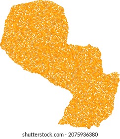 Mapa de mosaicos de oro de Paraguay. Composición dorada para el mapa de Paraguay. Collage vectorial de la parte de los desechos amarillos. El mapa mosaico de Paraguay está construido con parte dorada. Se utilizan tonos amarillos.