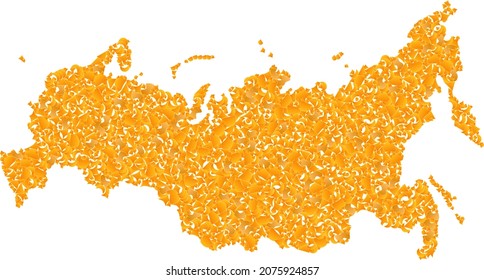 Gold mosaic Map of Russia. Gold composition for map of Russia. Vector mosaic of yellow spall fractions. Mosaic map of Russia is constructed with golden fractions. Yellow color tones are used.