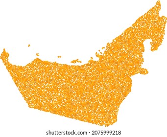 Gold mosaic Map of United Arab Emirates. Golden combination for map of United Arab Emirates. Vector mosaic of yellow shard items. Mosaic map of United Arab Emirates designed with golden items.
