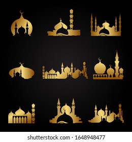 Colección de conjunto de la mezquita de oro. Diseño islámico para saludos, tarjetas, afiches, banner y fondo.