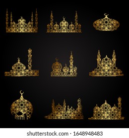 Gold mosque set collection. Design islamic for greeting, card, poster, banner and background.