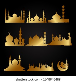 Gold mosque set collection. Design islamic for greeting, card, poster, banner and background.
