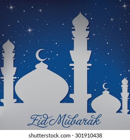 Gold Mosque and stars "Eid Mubarak" (Blessed Eid) card in vector format.