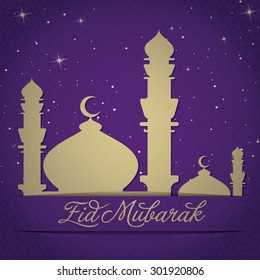Gold Mosque and stars "Eid Mubarak" (Blessed Eid) card in vector format.