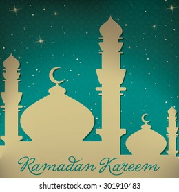 Gold Mosque and stars "Ramadan Kareem" (Generous Ramadan) card in vector format.