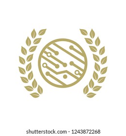 gold mother board inside laurel leaf wreath, logo icon