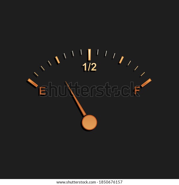 Gold Motor gas gauge icon isolated on black
background. Empty fuel meter. Full tank indication. Long shadow
style. Vector.