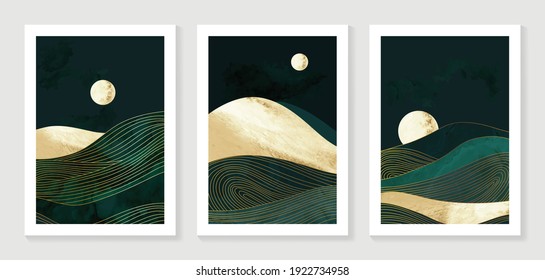 Gold mountain background vector. Mid century landscape art with sun and moon, Sea and Ocean. Modern contemporary art design for acrylic canvas , digital Prints, wallpaper, Poster, metal poster prints
