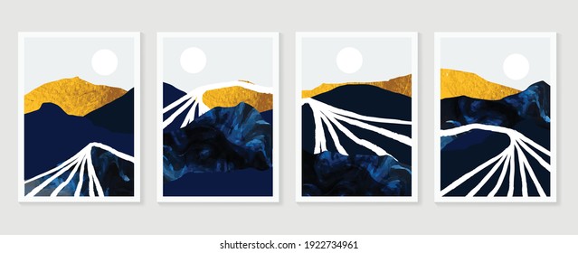 Gold mountain background vector. Mid century landscape art with sun and moon, Sea and Ocean. Modern contemporary art design for acrylic canvas , digital Prints, wallpaper, Poster, metal poster prints