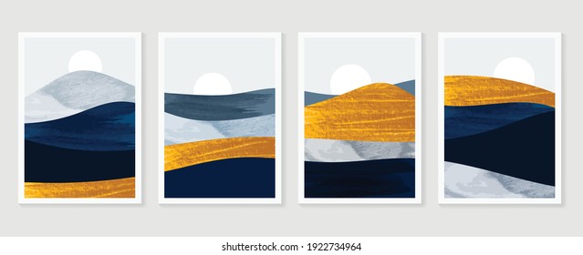 Gold mountain background vector. Mid century landscape art with sun and moon, Sea and Ocean. Modern contemporary art design for acrylic canvas , digital Prints, wallpaper, Poster, metal poster prints