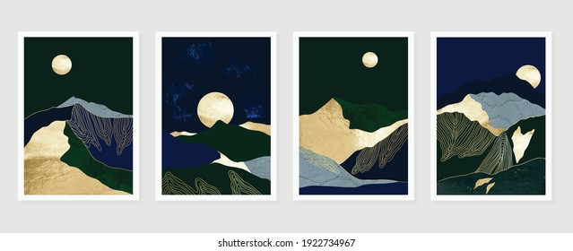 Gold mountain background vector. Mid century landscape art with sun and moon, Sea and Ocean. Modern contemporary art design for acrylic canvas , digital Prints, wallpaper, Poster, metal poster prints