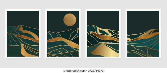 Gold Mountain Background Vector. Mid Century Landscape Art With Sun And Moon, Sea And Ocean. Modern Contemporary Art Design For Acrylic Canvas , Digital Prints, Wallpaper, Poster, Metal Poster Prints