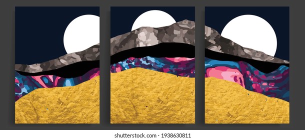 Gold mountain background vector. Mid century landscape art with sun and moon, Sea and Ocean. Modern contemporary art design for acrylic canvas , digital Prints, wallpaper, Poster, metal poster prints