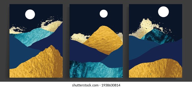 Gold mountain background vector. Mid century landscape art with sun and moon, Sea and Ocean. Modern contemporary art design for acrylic canvas , digital Prints, wallpaper, Poster, metal poster prints