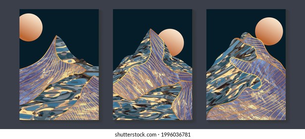 Gold mountain background vector. Mid century landscape art with sun and moon, Sea and Ocean. Modern contemporary art design for acrylic canvas , digital Prints, wallpaper, Poster, metal poster prints