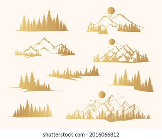 Gold mountain shapes and fir forest trees set. Landscapes and scenery. Vector isolated illustration with golden rocky mountains silhouettes.