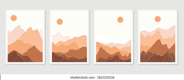 Gold Mountain wall art vector set. Earth tones landscapes backgrounds set with abstract mountains line art design for print, cover, wallpaper. Vector illustration