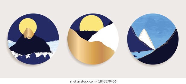 Gold Mountain wall art vector set. Earth tones landscapes backgrounds set with moon and sun.  Abstract Plant Art design for print, cover, wallpaper, Minimal and  natural wall art. 