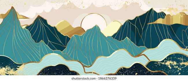 Gold mountain wallpaper design with landscape line arts, Golden luxury background design for cover, invitation background, packaging design, wall arts, fabric, and print. Vector illustration. - Shutterstock ID 1866376339