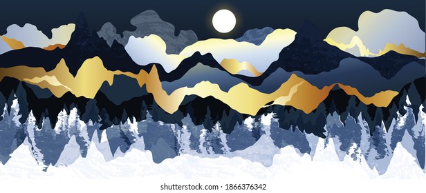 Gold mountain wallpaper design with landscape line arts, Golden luxury background design for cover, invitation background, packaging design, wall arts, fabric, and print. Vector illustration.