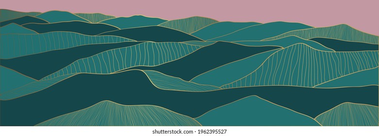 Gold mountain wallpaper design with landscape line arts, Golden, green, pink luxury background design for cover, invitation background, packaging design, wall arts, fabric, and print.