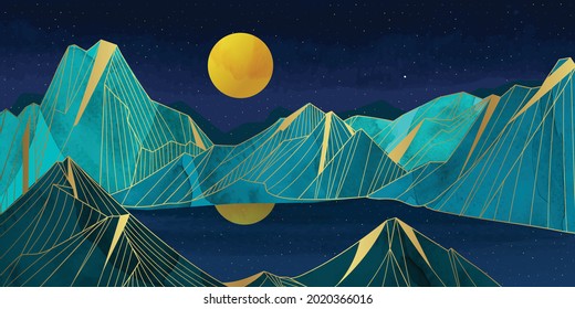 Gold mountain wallpaper design with landscape line arts, Golden luxury background design for cover, invitation background, packaging design, wall arts, fabric, and print. Vector illustration.