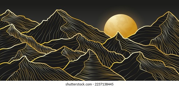 Gold mountains. Line art luxury background. Abstract hill relief, black and golden, nature, sun on map, foil texture. Rock peaks and moon, midnight landscape. Vector design garish illustration