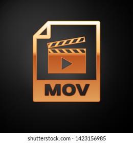 Gold MOV file document icon. Download mov button icon isolated on black background. MOV file symbol. Audio and video collection. Vector Illustration