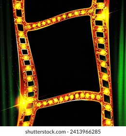 Gold movie film strip, filmstrip frame background, vector old photo negative. Vintage picture or cinema movie film strip, transparent photo slide with scratched borders, retro photography filmstrip