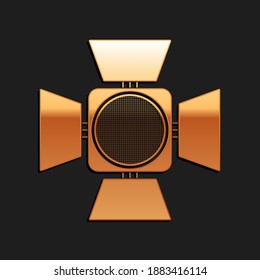 Gold Movie spotlight icon isolated on black background. Light Effect. Scene, Studio, Show. Long shadow style. Vector.