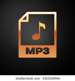 Gold MP3 file document icon. Download mp3 button icon isolated on black background. Mp3 music format sign. MP3 file symbol. Vector Illustration