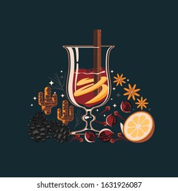 Gold Mulled wine set with glass of drink and ingredients vector illustration