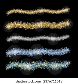 Gold and multicolored tinsel. Decoration for the Christmas tree for New Year and Christmas. Vector illustration