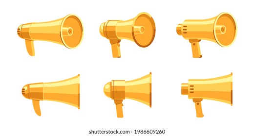 Gold multimedia megaphone loudspeaker with luxury design set. Realistic golden volume amplifier design for announcement message, attention news and emergency promotion design vector illustration