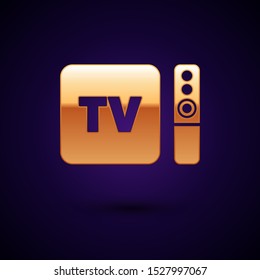 Gold Multimedia and TV box receiver and player with remote controller icon isolated on dark blue background.  Vector Illustration