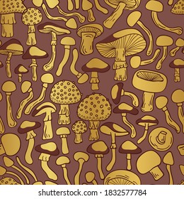 Gold Mushrooms Vector Seamless Pattern