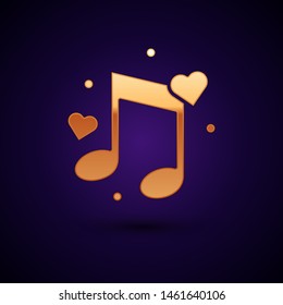 Gold Music note, tone with hearts icon isolated on dark blue background.  Vector Illustration